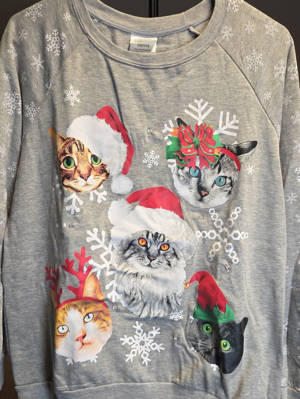 Freeze Gray Holiday Cat Graphic Sweatshirt with Red Accents